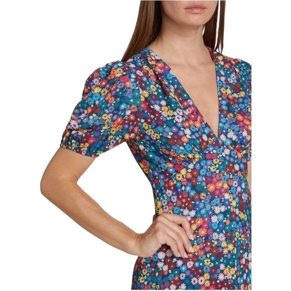 STAUD Milla Floral-Print Crêpe de Chine Short Puff Sleeve V Neck Mini Dress NEW - Picture 3 of 12